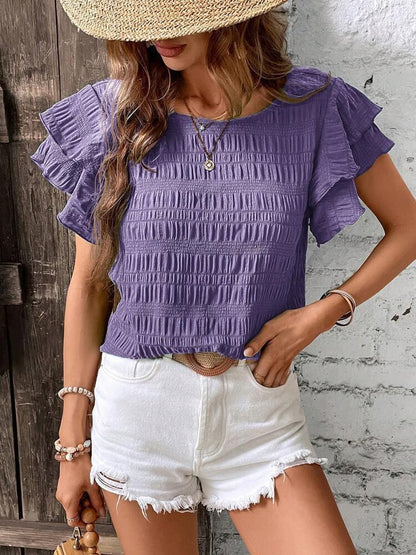 Round Neck Ruffled Sleeve T-shirt - Magic Moon Store