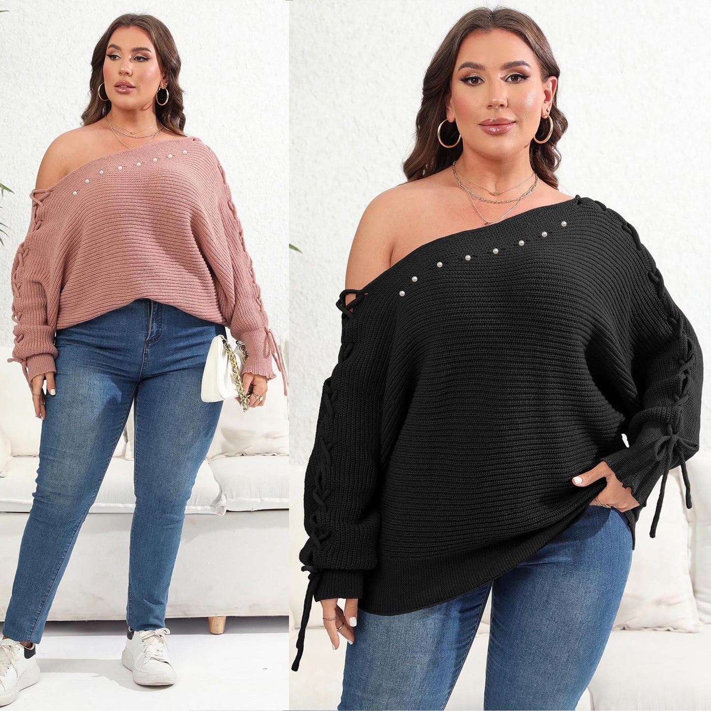 Plus Size Lace Up Batwing Sleeve Sweater