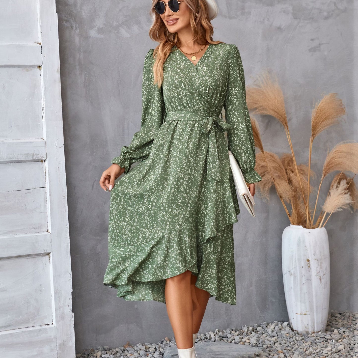 Flowers Print Long Sleeve Dress Ruffled