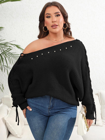 Plus Size Lace Up Batwing Sleeve Sweater