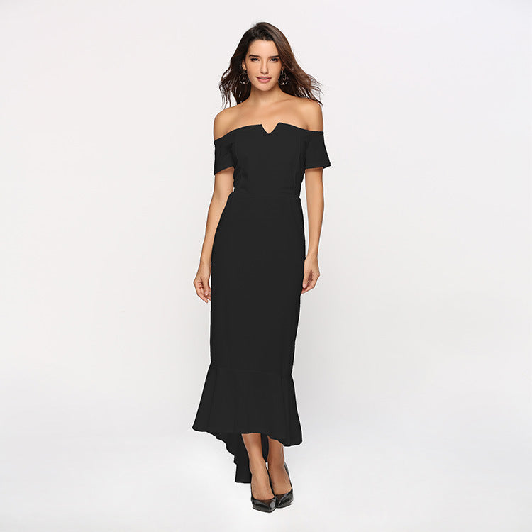 V-neck Off-shoulder Short Sleeve Dovetail Dress