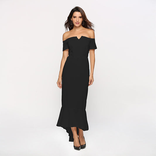 V-neck Off-shoulder Short Sleeve Dovetail Dress