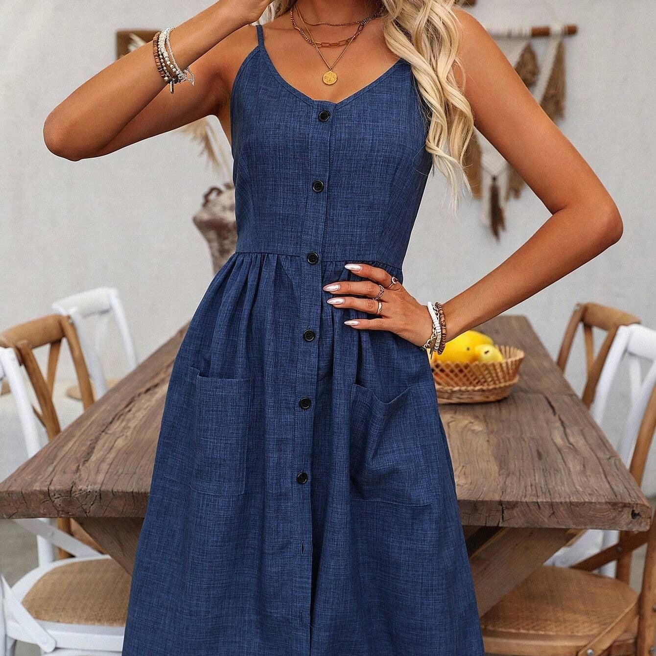 French Style Off Shoulder Button Sling Dress