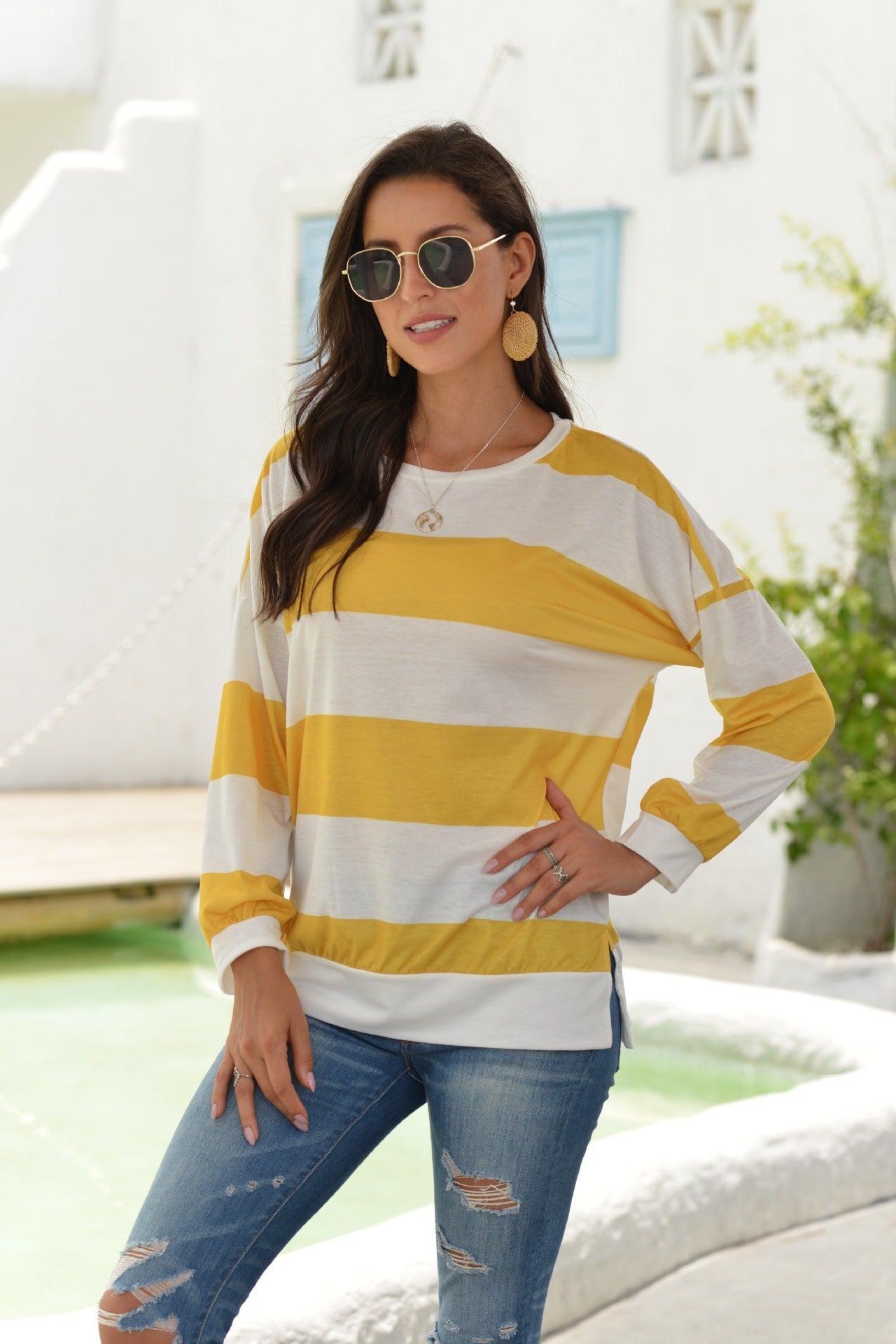 Horizontal Stripe Simple Round Neck T Shirt