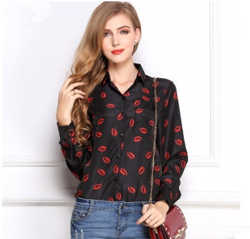 Lapel long sleeve lip print bottoming Chiffon Blouse