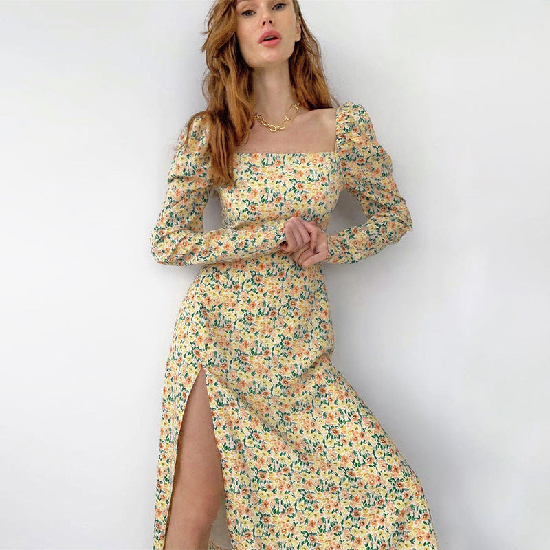 Sweet Little Daisy Long-sleeved Slit Mid Dress