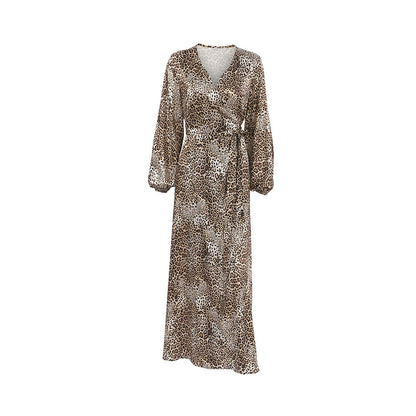 Leopard Print  V-neck Lantern Sleeve Satin A- Line Dress