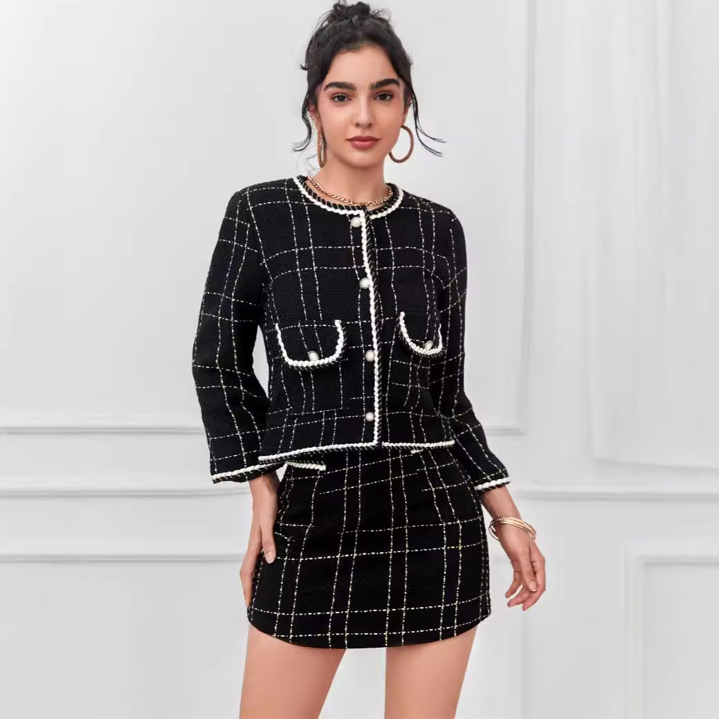 Black Slimming Tweed Skirt & Jacket Set