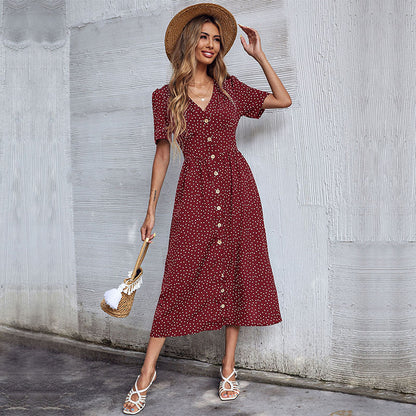 Cross-border V-neck Short Sleeve Polka Dot Dress