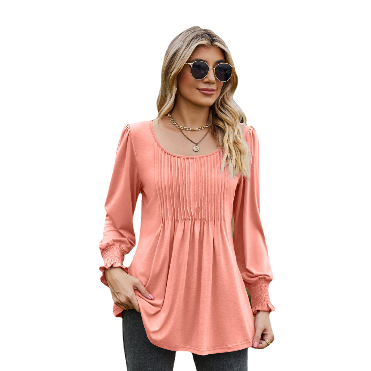 Round Neck Drawstring Cuff Smocking Women T-shirt