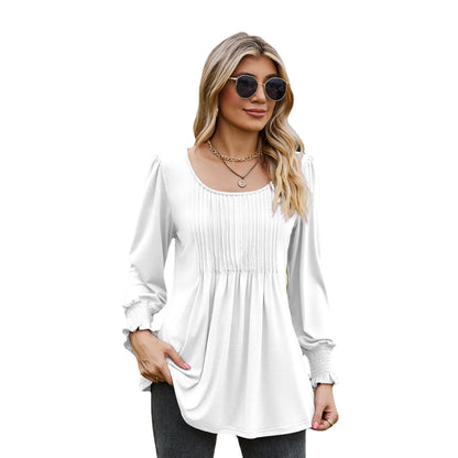 Round Neck Drawstring Cuff Smocking Women T-shirt