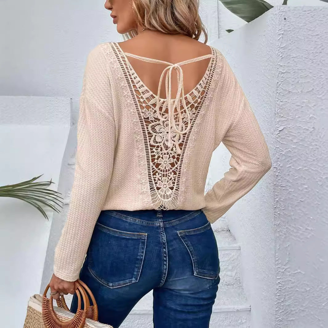 V-neck Stitching Fashion Lace Back Tie Bow Long Sleeve Pullover