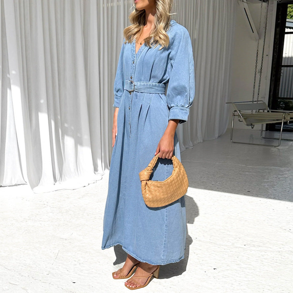 Button Down Denim Dress with Lace Up Waist Trim