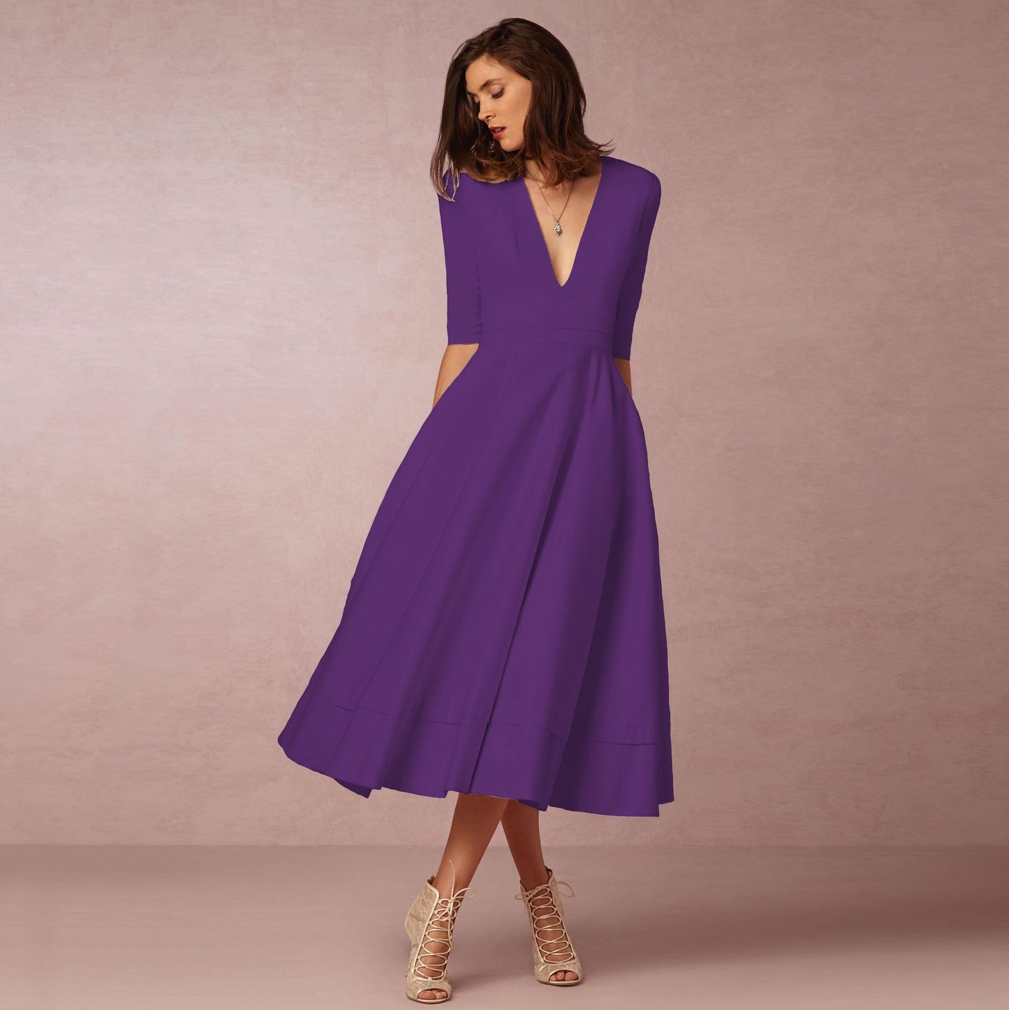 Deep V- Neck Mid-sleeve Large Swing Dress