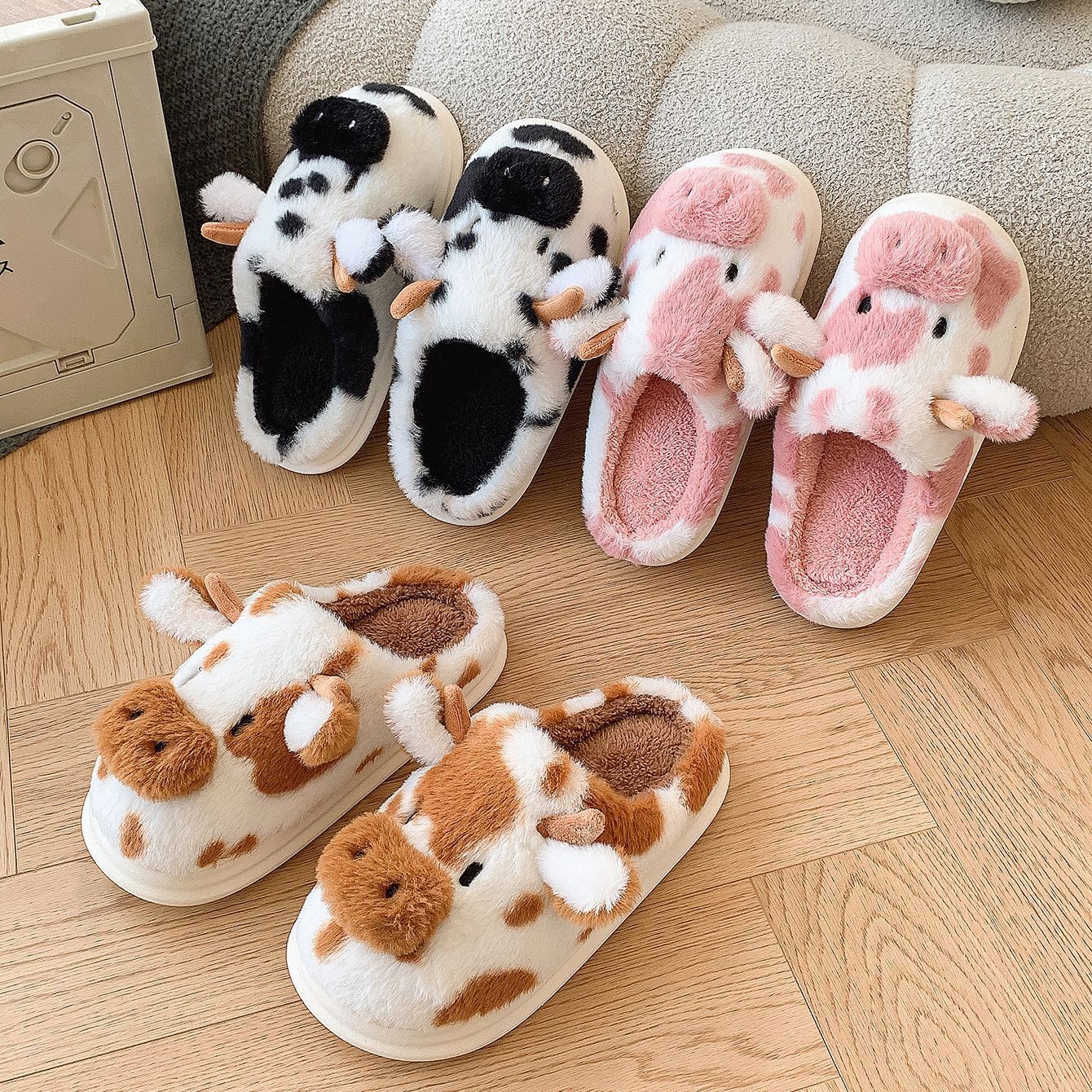 Cute Cartoon Cow Plush Slippers Winter Warm Indoor Bedroom Floor Fuzzy Slipper