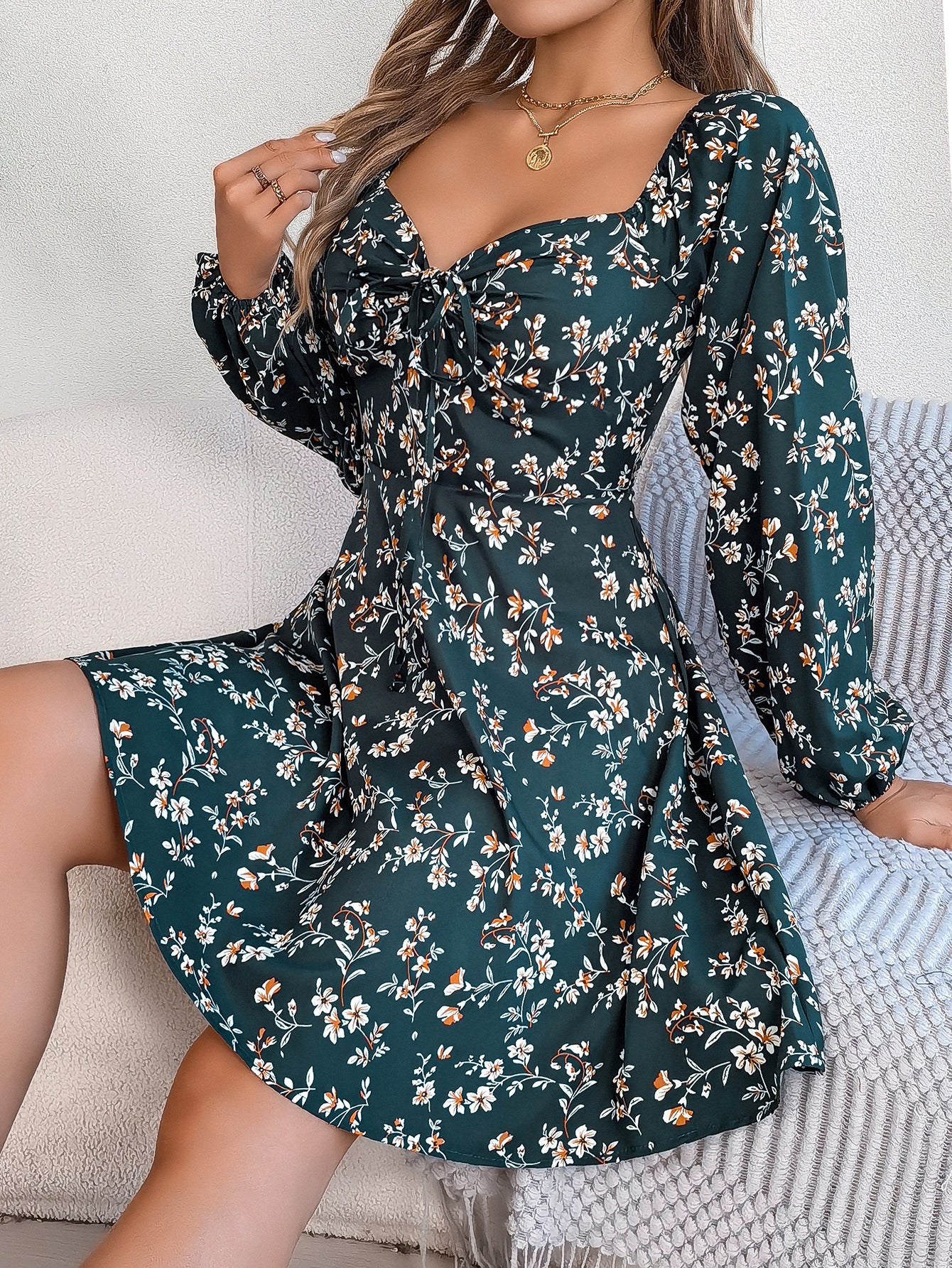 Floral Print Lantern Sleeve Dress