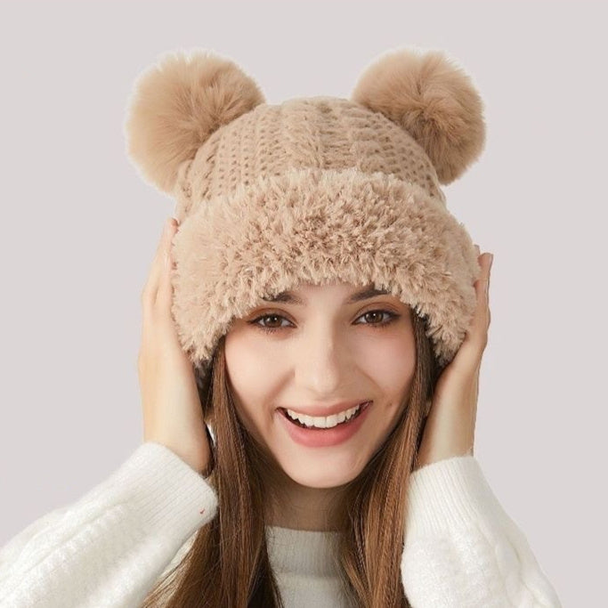 Winter Cute Fur Ball Knitted Hat for Women Outdoor