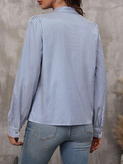 Lace Up Button Striped Long Sleeve Shirt