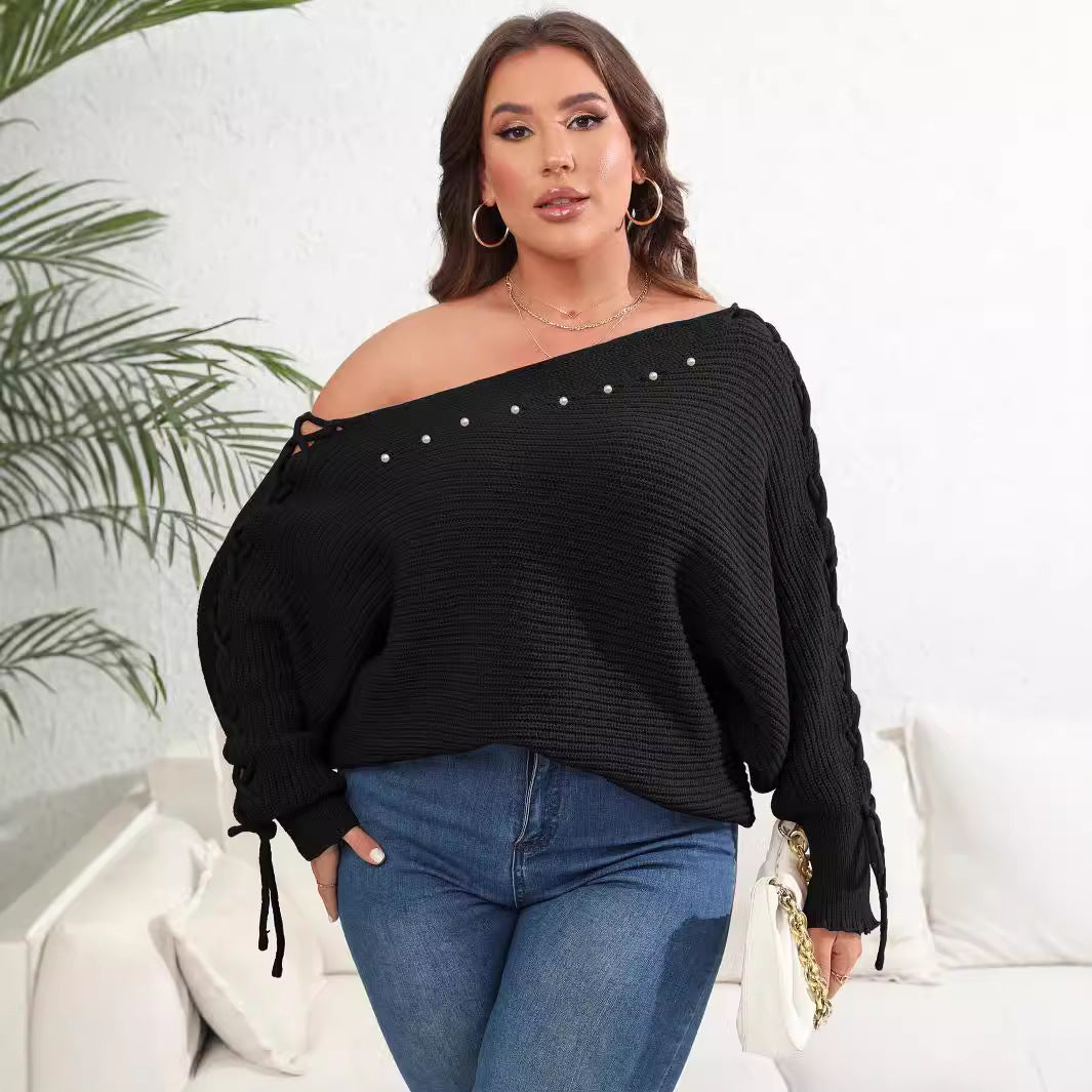 Plus Size Lace Up Batwing Sleeve Sweater