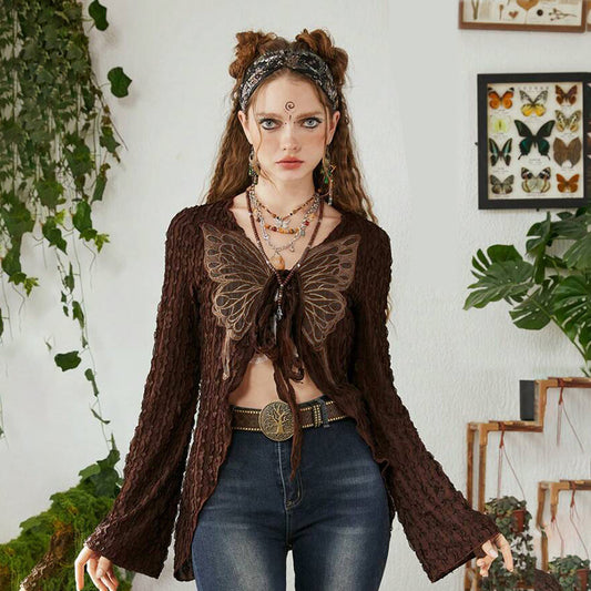 Butterfly Embroidery Tie-neck Cardigan Thin Magic Moon Store