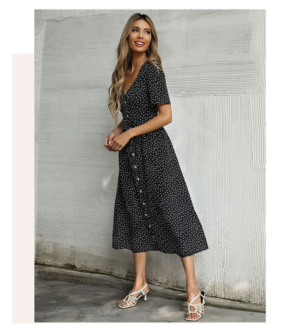 Cross-border V-neck Short Sleeve Polka Dot Dress