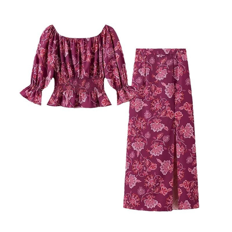 Off Shoulder Fuchsia Top & High Waist Skirt Set - Magic Moon Store