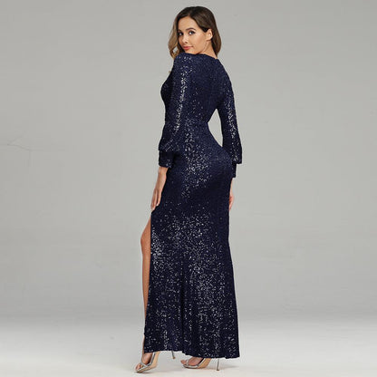 High Slit Long Sleeve Sequined Dress