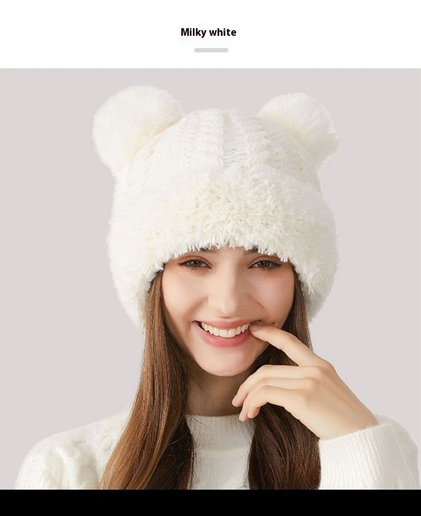 Winter Cute Fur Ball Knitted Hat for Women Outdoor