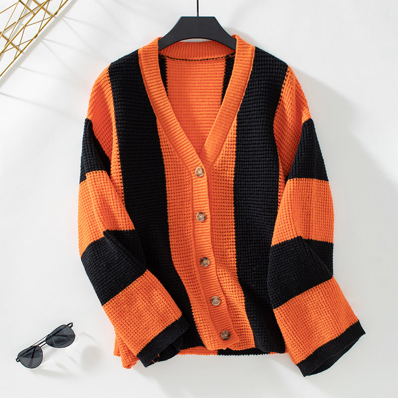 Contrast Color Striped Cardigan - Magic Moon Store