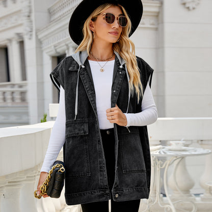 Denim Waistcoat Vest Hooded Detachable