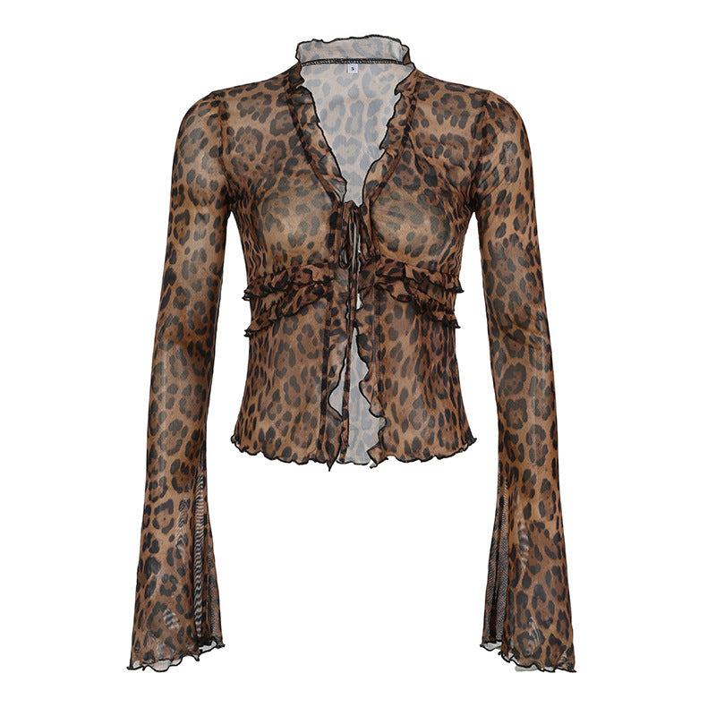 Leopard Print Long Sleeve Blouse Lace-up Top