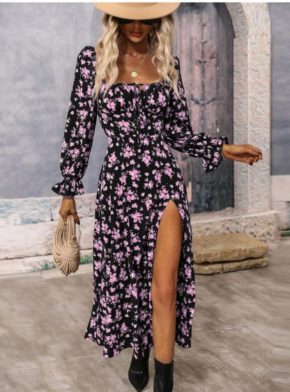 Flowers Printing Long Sleeve Dress