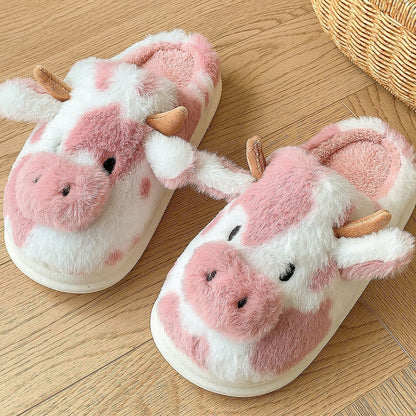 Cute Cartoon Cow Plush Slippers Winter Warm Indoor Bedroom Floor Fuzzy Slipper