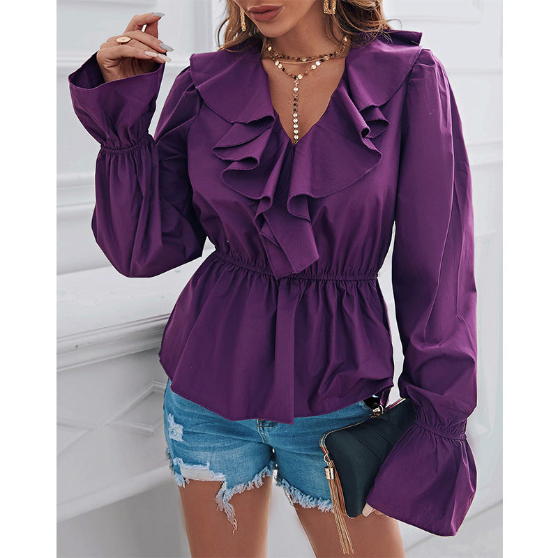 Ruffled V-neck Bottoming Purple Blouse