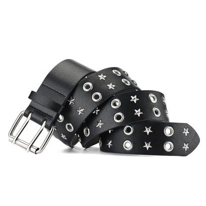 Punk Double Pin Buckle Five star Leather Black Belt