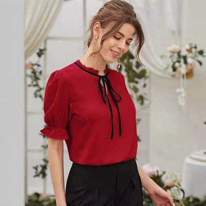 Solid Trim Tie Long Ruffle Sleeve Blouse