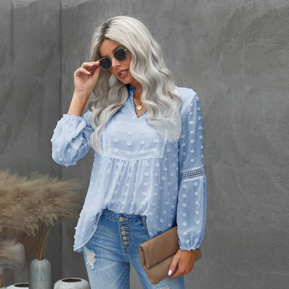 Lace Dotted V-neck Chiffon Blouse