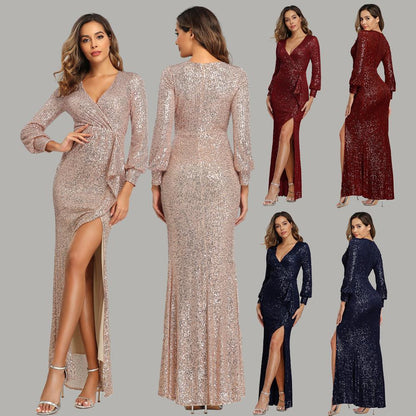 High Slit Long Sleeve Sequined Dress