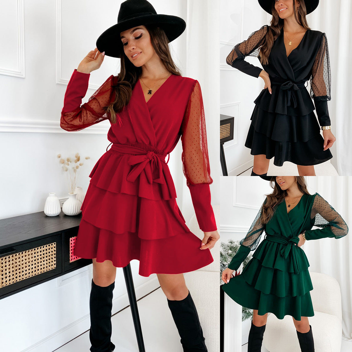 Patchwork Mesh Sleeve Long Sleeve Dress