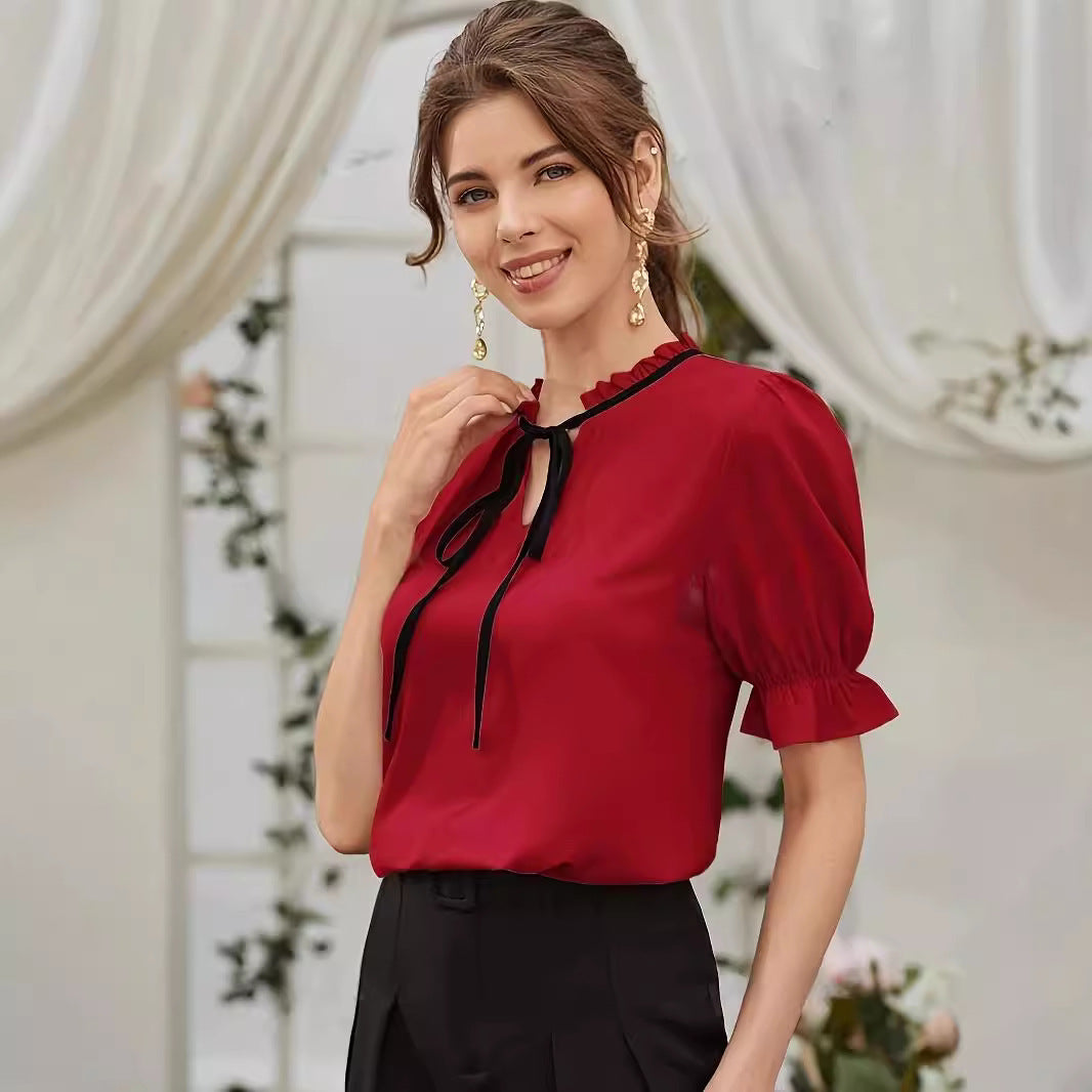 Solid Trim Tie Long Ruffle Sleeve Blouse