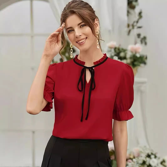 Solid Trim Tie Long Ruffle Sleeve Blouse