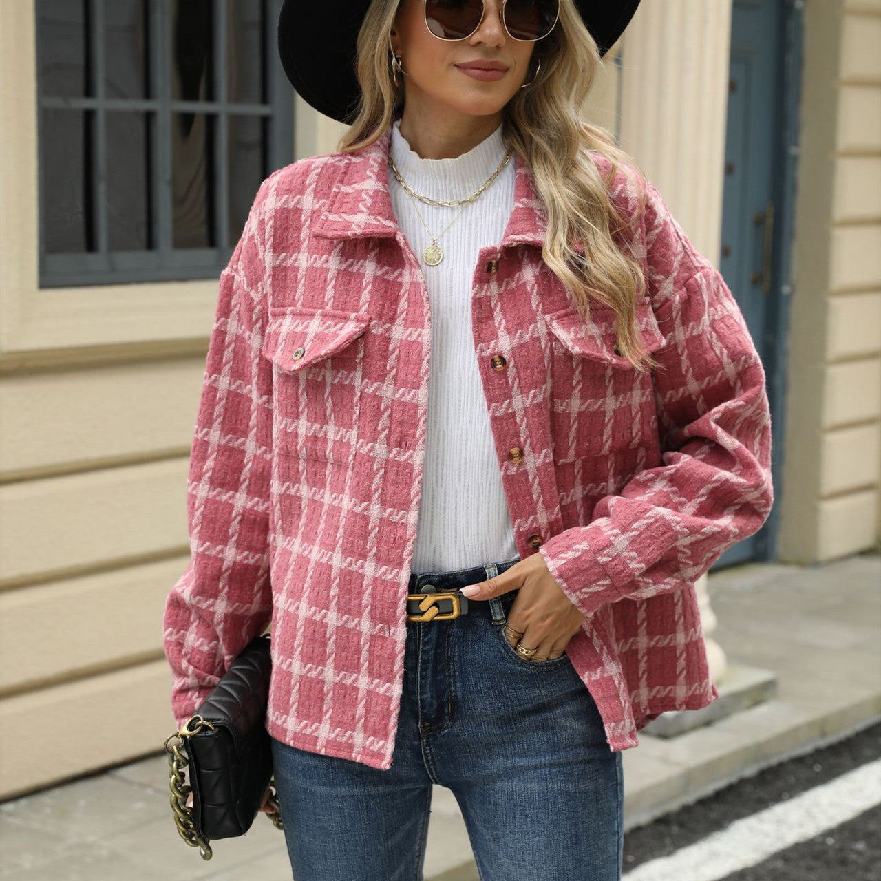 Lapel Plaid Long Sleeve Baggy Coat