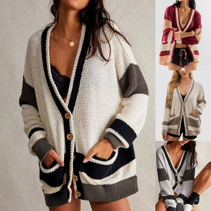 Knitted Pocket Color Matching Cardigan Sweater - Magic Moon Store