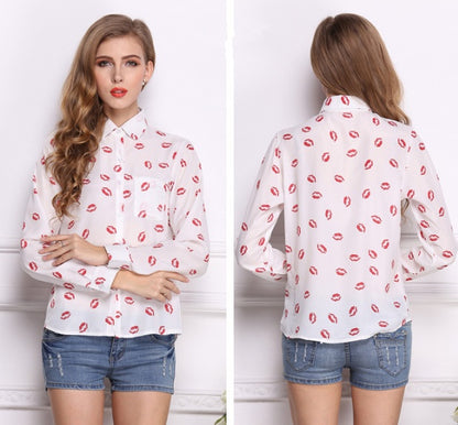 Lapel long sleeve lip print bottoming Chiffon Blouse