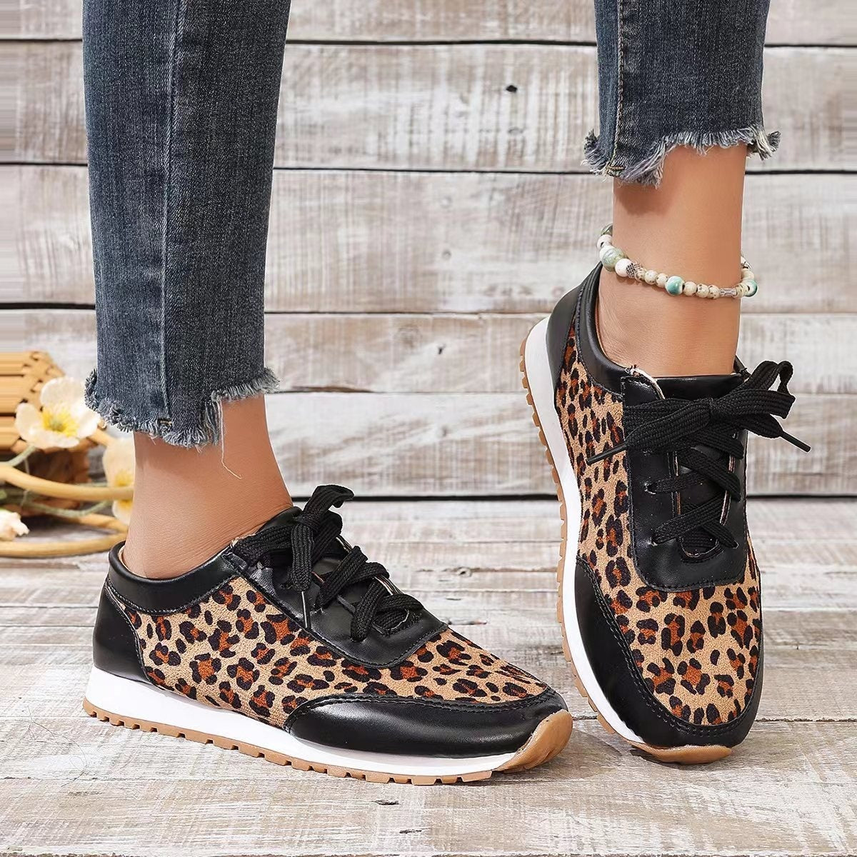 Leopard Print Lace Up Flats Shoes - Magic Moon Store