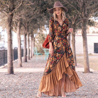 Long sleeve print Retro Long Brown Dress