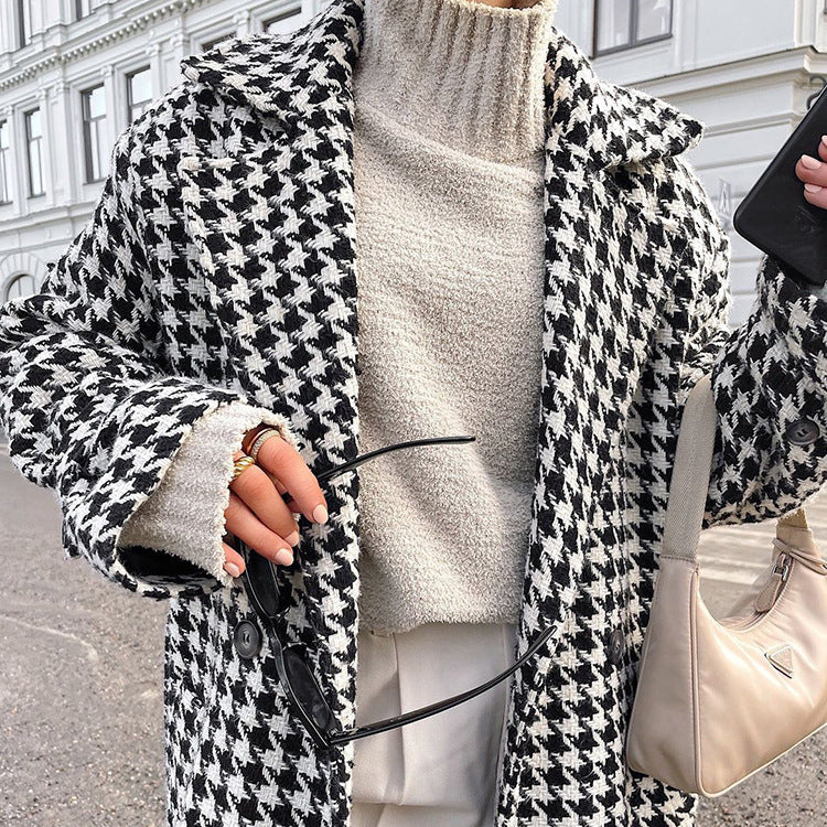 Houndstooth Long Trench Coat - Magic Moon Store