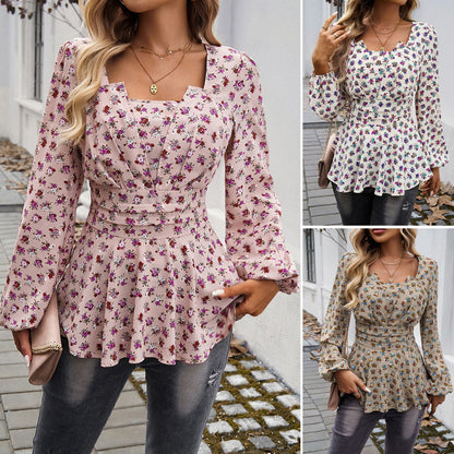 Floral Print Long Bubble Sleeve Blouse - Magic Moon Store