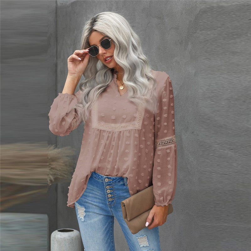 Lace Dotted V-neck Chiffon Blouse