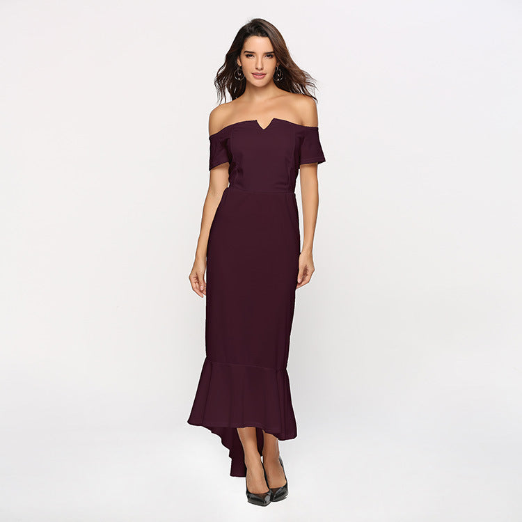 V-neck Off-shoulder Short Sleeve Dovetail Dress